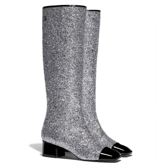 CHANEL Shoes - CHANEL Silver Glitter Knee High Boots 6.5